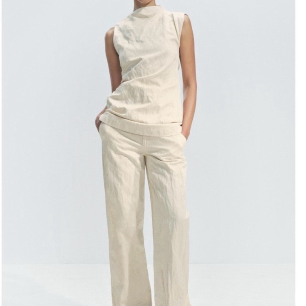 Zara 2 Piece Cream Ruched Satin Pantsuit Jumpsuit